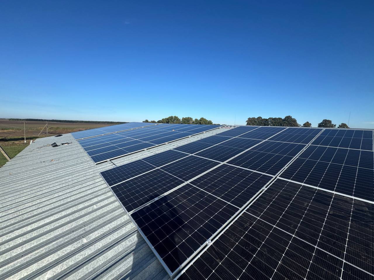 Солнечные панели сетевой солнечной станции 64 кВт на территории фермы